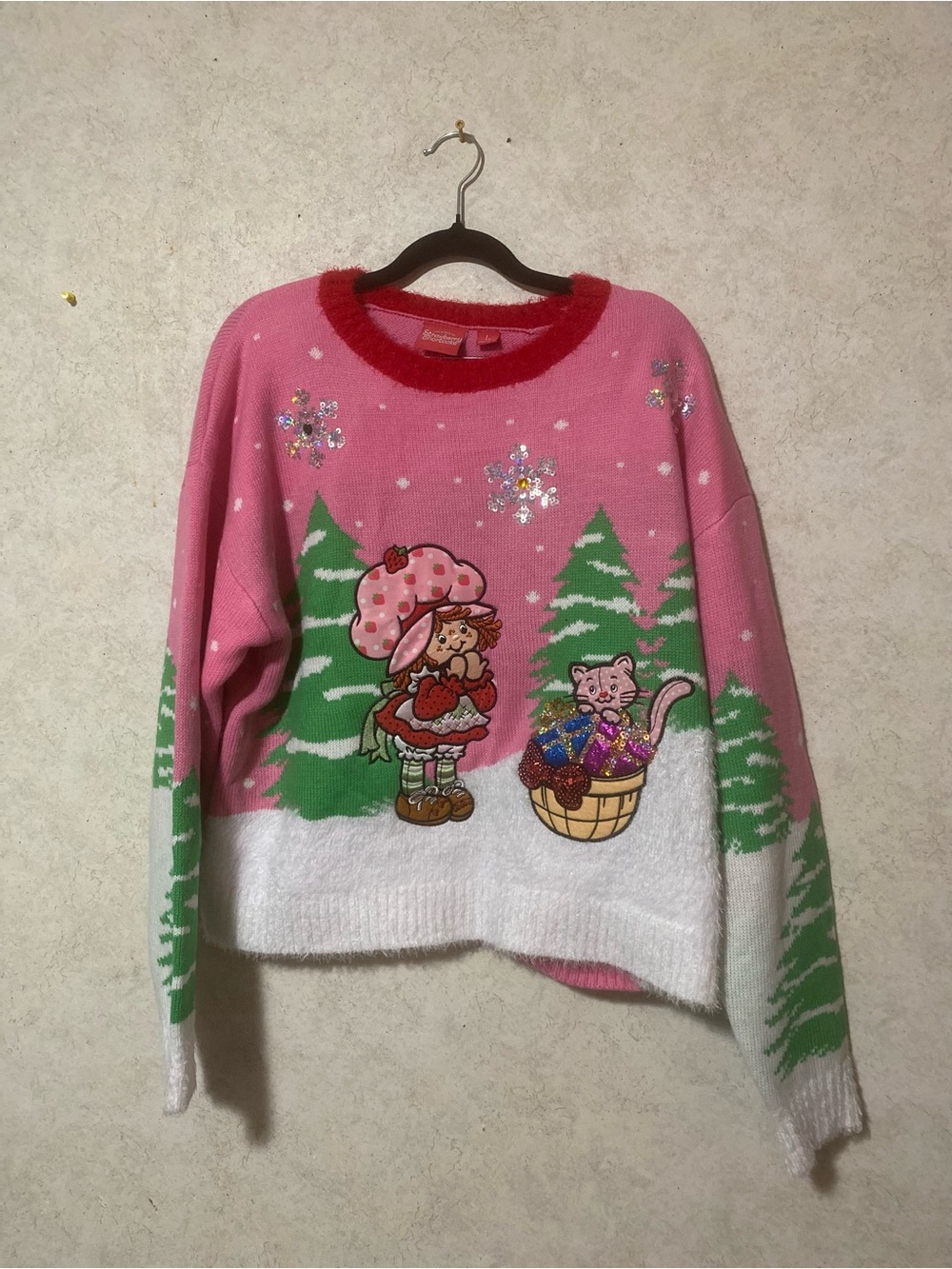 Pink Crewneck Sweater with Festive Character and Cat Motif
